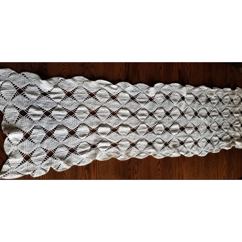 Vintage Crocheted Table Runner, Handmade White Cotton, Long 80" x 22"